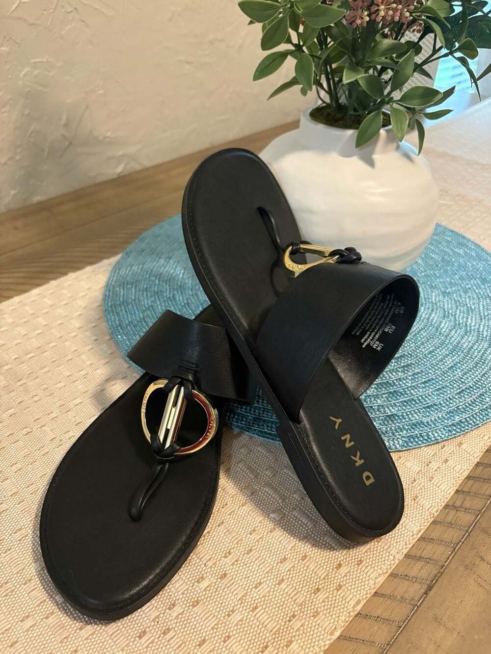 DKNY Halcott Black Leather Flat Thong Slide Sandals with Gold Hardware